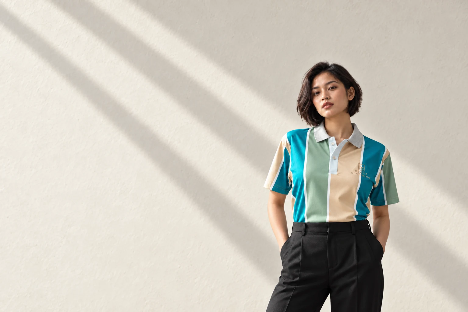 Craft striped polo, worn by a model in a sunlit editorial campaign